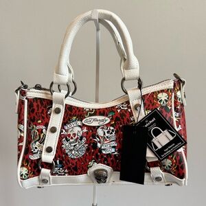 Ed Hardy Red and White Tattoo-Print Satchel